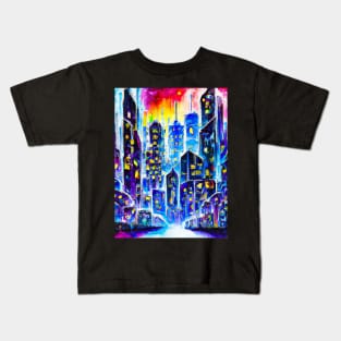 City colorful watercolor style design, citscape painting artwork Kids T-Shirt